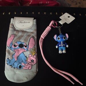 Stitch Blue and Pink Socks and Keychain Set